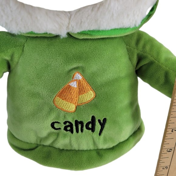 KellyToy 16" White Teddy Bear Plush w Candy Corn Green Velour Hoodie October Fal - Picture 3 of 4